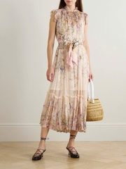 Đầm maxi chiffon in họa tiết xếp nếp
