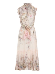 Đầm maxi chiffon in họa tiết xếp nếp