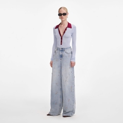 Bộ bodysuit dệt kim viscose màu xanh