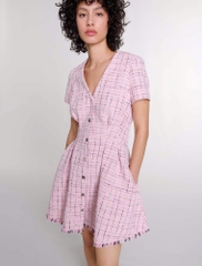 Đầm ngắn tweed ôm eo viền tua rua