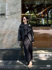 Áo khoác da YSL 2 màu cổ bẻ bo chun