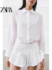 Sơ mi Zara lụa tơ trắng đáp ren ngực