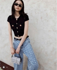 Áo Sel-Portrait sợi dệt cổ tròn ngắn tay 2 túi ngực khuy hoa (tách set)