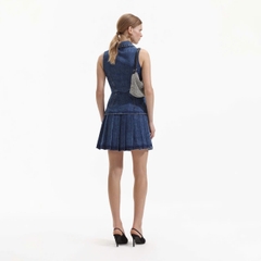 Set denim Self- Portrait ngắn tay 2 túi ngực chân váy mini