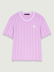 Áo Maje cotton lưới dệt thoi cổ tròn hồng viền trắng