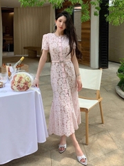 VÁY MIDI VIỀN REN NƠ MÀU HỒNG