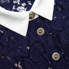 Váy midi cổ ren tương phản màu xanh navy