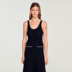 Váy maxi Sandro knit đen viền ngọc trai trắng