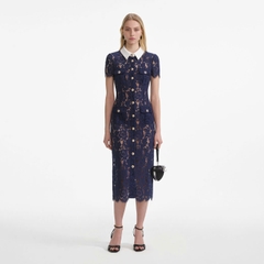 Váy midi cổ ren tương phản màu xanh navy