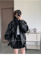 Áo khoác da YSL 2 màu cổ bẻ bo chun