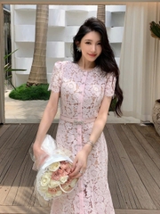 VÁY MIDI VIỀN REN NƠ MÀU HỒNG