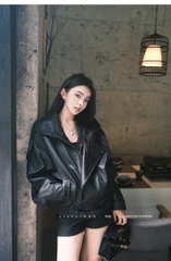 Áo khoác da YSL 2 màu cổ bẻ bo chun