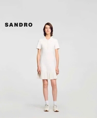 Đầm len Sandro trắng cổ bẻ chân xếp ly