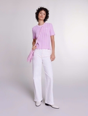 Áo Maje cotton lưới dệt thoi cổ tròn hồng viền trắng