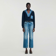 Áo len Sandro phối cổ V denim dài tay
