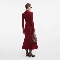 Váy MIDI dệt kim gân đỏ Burgundy