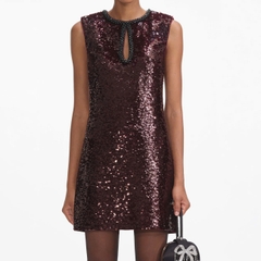 Váy Self-Portrait bling sequin màu mận sát nách viền cổ đen