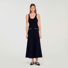 Váy maxi Sandro knit đen viền ngọc trai trắng