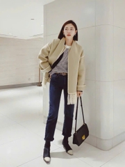 Cape dạ TOTEME choàng kèm khăn viền trắng tua rua