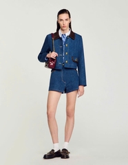Áo khoác Sandro denim viền da nâu (tách set)
