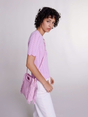 Áo Maje cotton lưới dệt thoi cổ tròn hồng viền trắng