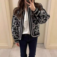 Áo khoác khaki Sezane đen họa tiết ren chỉ trắng
