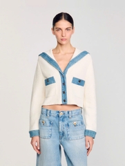 Áo cardigan với chi tiết denim