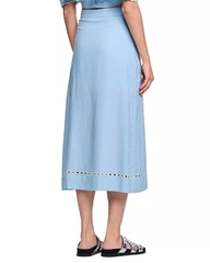 Chân váy Sandro linen xanh ren chỉ trắng
