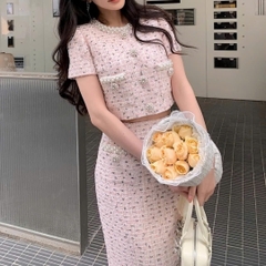 CHÂN VÁY MIDI ĐÍNH NGỌC TRAI HỒNG BOUCLE