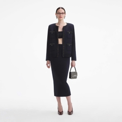 Áo khoác len cardigan đính họa tiết xanh navy