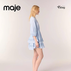Váy Maje xanh biển cổ V chun eo thêu ren dập