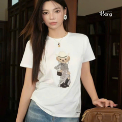 Tshirt Polo RL trắng gấu đính cườm