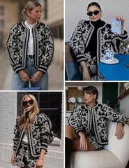 Áo khoác khaki Sezane đen họa tiết ren chỉ trắng