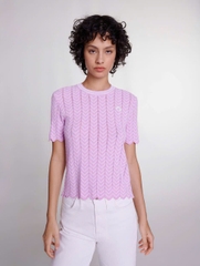 Áo Maje cotton lưới dệt thoi cổ tròn hồng viền trắng