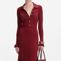 Váy MIDI dệt kim gân đỏ Burgundy