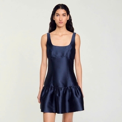 Đầm Sandro satin màu navy hạ eo