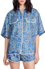 Set lụa Sandro hoa xanh Áo sơ mi + Quần short
