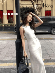 Váy Sandro dệt kim màu kem viền ngọc trai 2 túi trước (2pcs)
