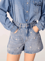 Quần short denim Maje đính ngọc trai