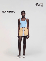 Chân váy mini Sandro màu khaki cải kẻ dây rút