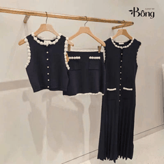 Áo len dệt Sandro đen viền hoa (2pcs tách set)