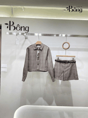 Short váy Khaki xếp ly Sel-Portrait dáng ngắn kẻ chìm kèm belt