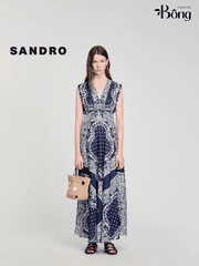 Váy maxi Sandro sát nách họa tiết thổ cẩm navy cổ V