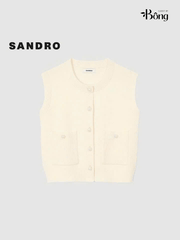 Gilet len Sandro màu kem 2 túi trước khuy ngọc trai