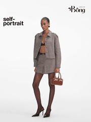 Short váy Khaki xếp ly Sel-Portrait dáng ngắn kẻ chìm kèm belt