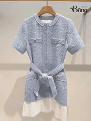 Váy dạ Sandro cộc tay 4 túi trước màu xanh kèm belt chân xếp ly