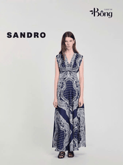 Váy maxi Sandro sát nách họa tiết thổ cẩm navy cổ V