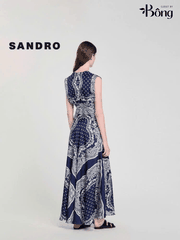 Váy maxi Sandro sát nách họa tiết thổ cẩm navy cổ V