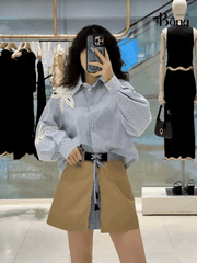 Chân váy mini Sandro màu khaki cải kẻ dây rút
