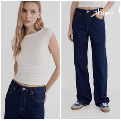 Quần denim suông Stradivarius màu chàm